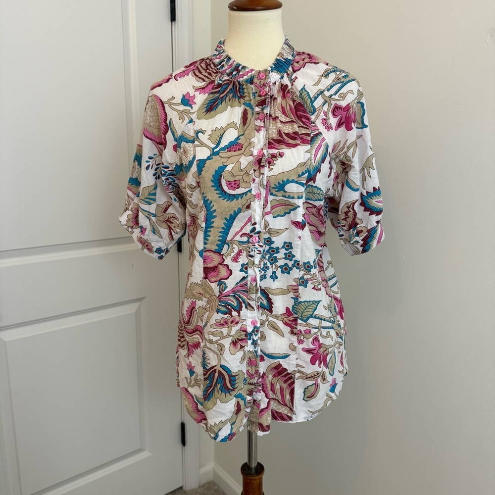 Lola Australia Top Womens M Cotton Button Down Floral Blouse Ruffle‎ Shirt